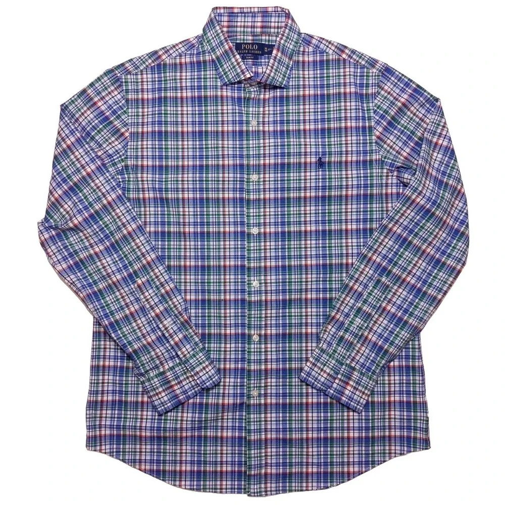 POLO RALPH LAUREN Long Sleeve Button Shirt Blue Green Red Plaid XL Slim Fit